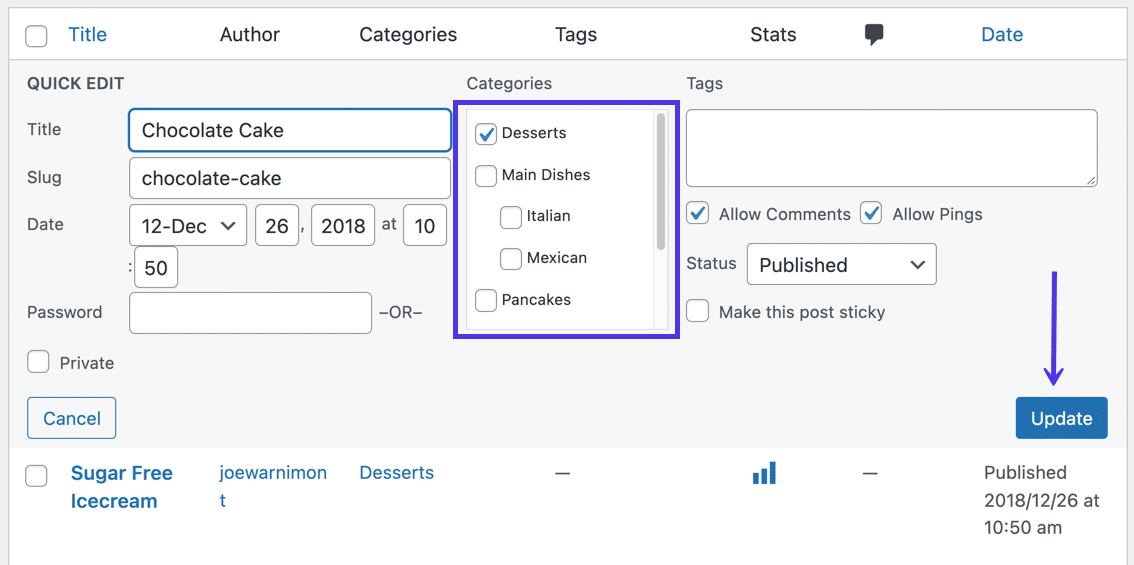 Desmarca la categoría y haz clic en "Actualizar".