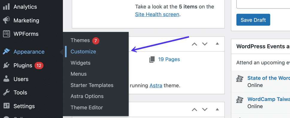 Vá para "Appearance" > "Customize" para começar a editar ou excluir categorias em um menu.