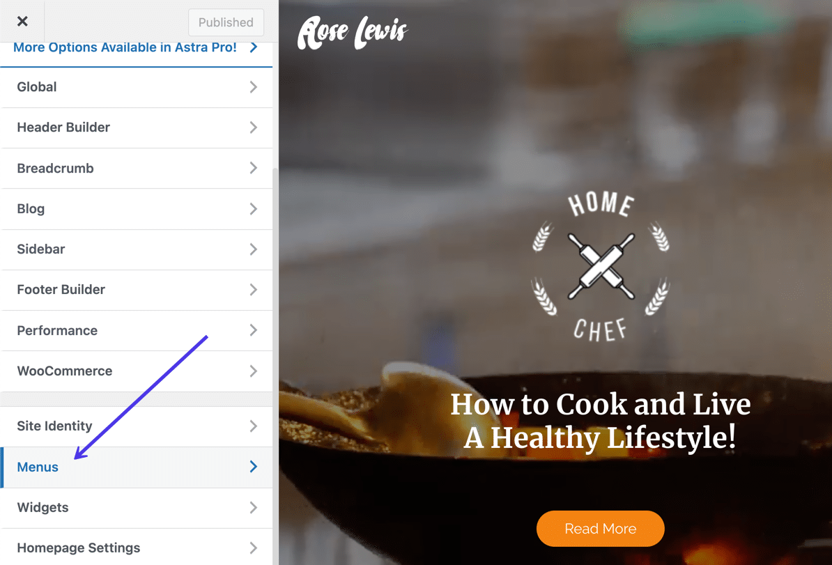 Go to the “Menus” tab in the WordPress Customizer.