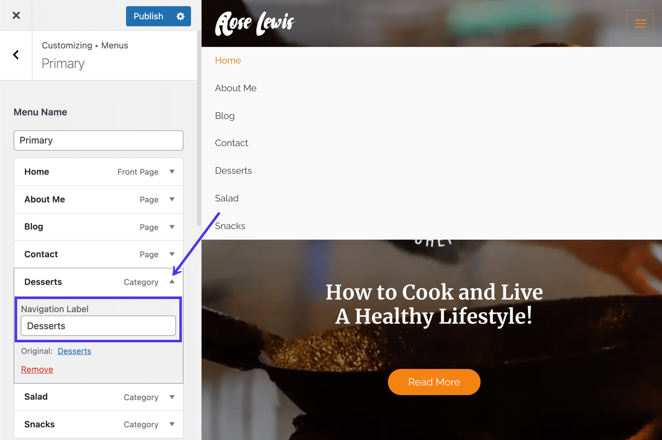 You can edit the “Navigation Label” for each category menu item.