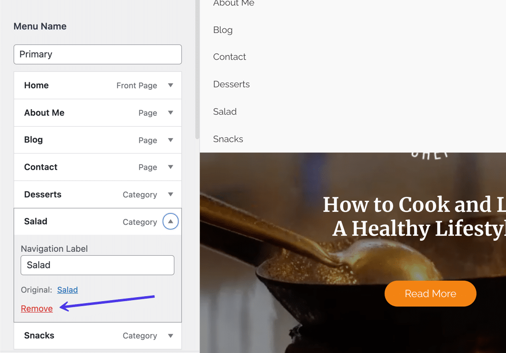 Haz clic en el enlace "Eliminar" para eliminar una categoría de un menú.