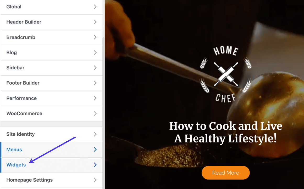 Choose the “Widgets” tab in the WordPress Customizer.