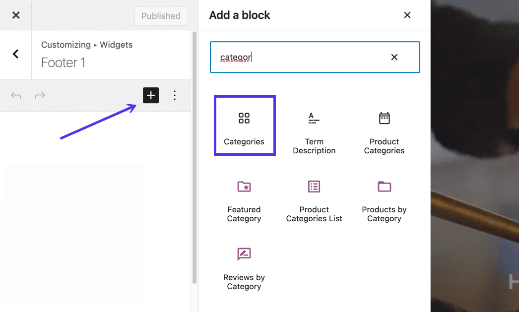 Use o botão "+", depois procure e adicione o bloco "Categories"