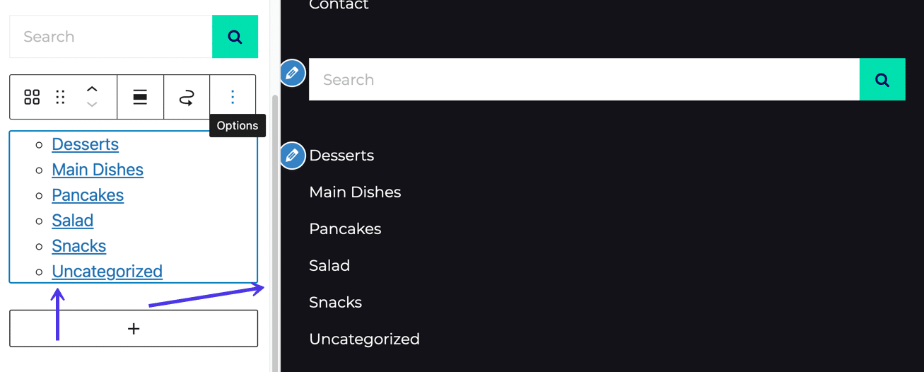 The “Categories” block reveals a list of all categories in the footer.