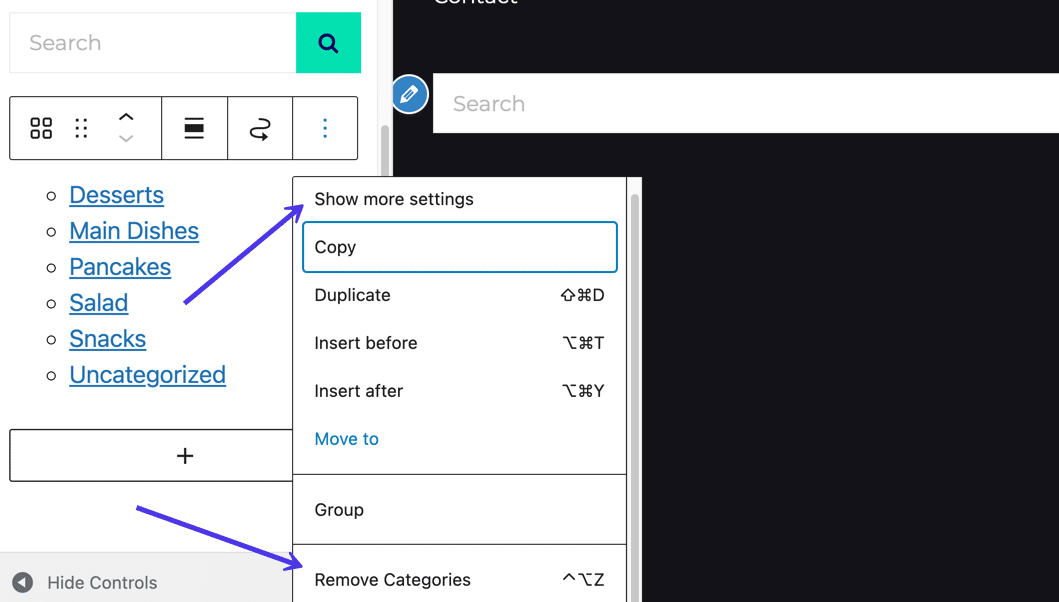 Clique em "Remove Categories" para excluí-las do widget. Considere clicar em "Show More Settings" para ajustar como as categorias aparecem no widget