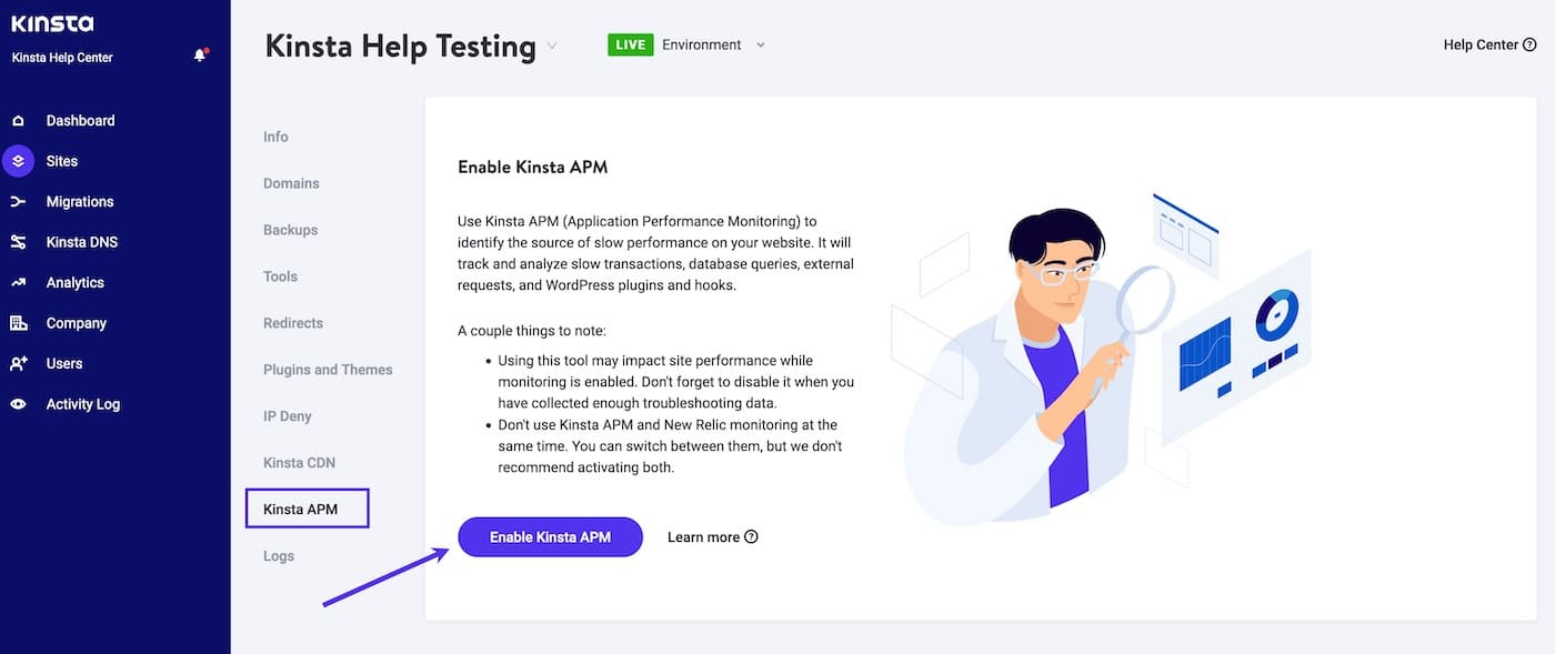 Click the Enable Kinsta APM button to enable it in MyKinsta.