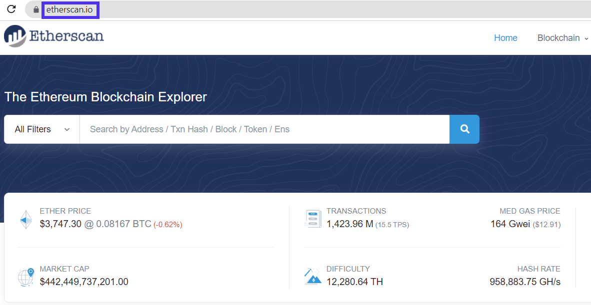 Pagina web di Etherscan.io