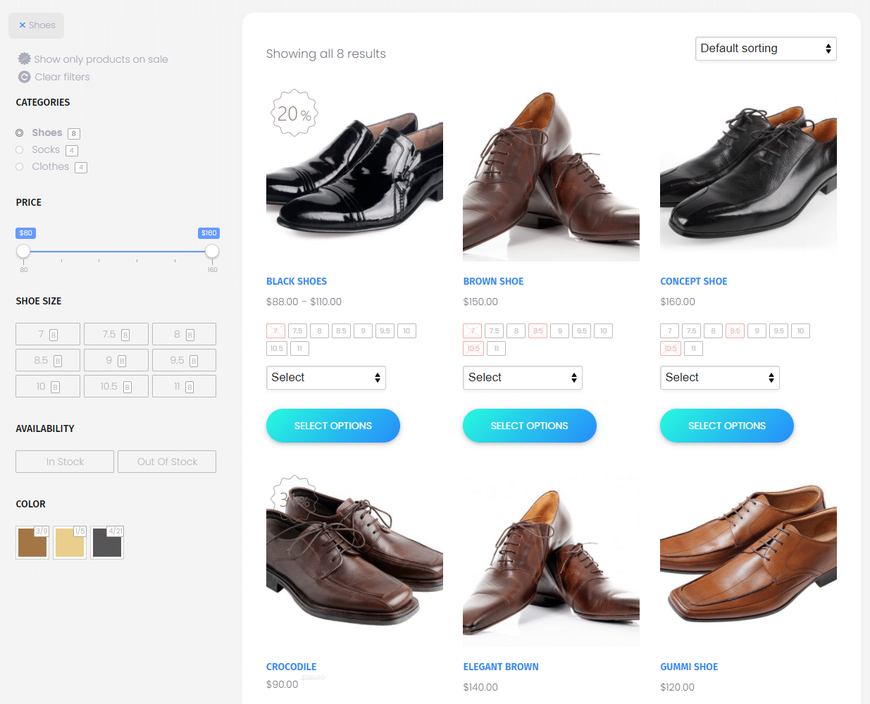 Un ecommerce di scarpe con il filtro prodotti di Product Filter for WooCommerce