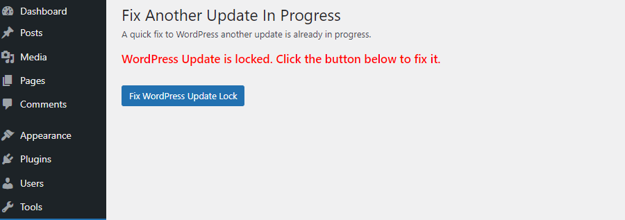 Schermata con il pulsante Fix WordPress Update Lock