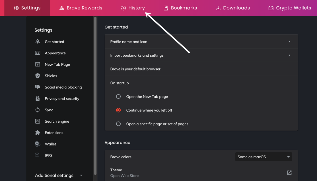 Escolha o botão History uma vez dentro das configurações do Brave.