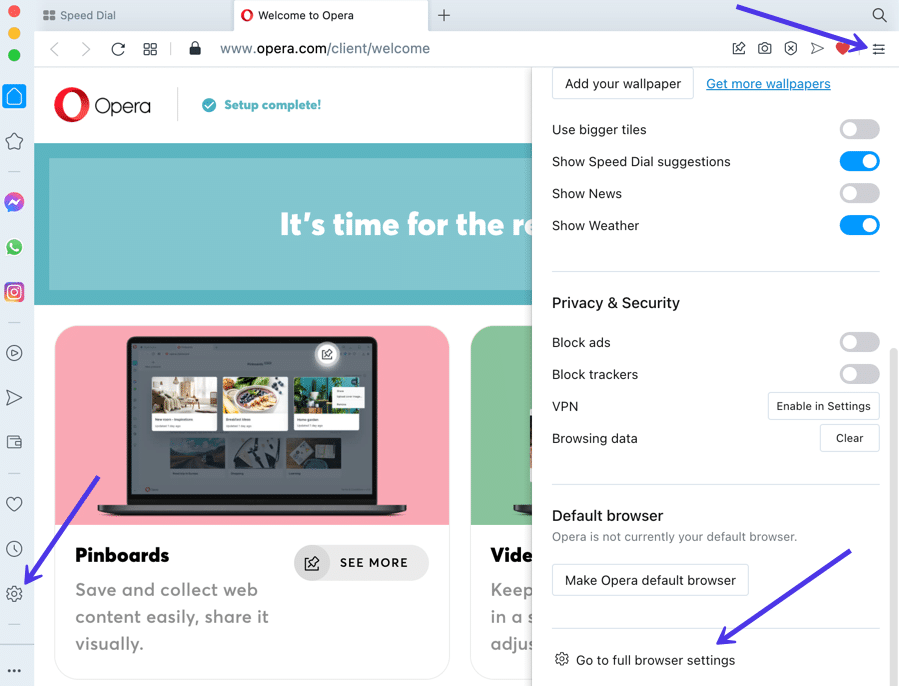 Go to the full browser settings in Opera.