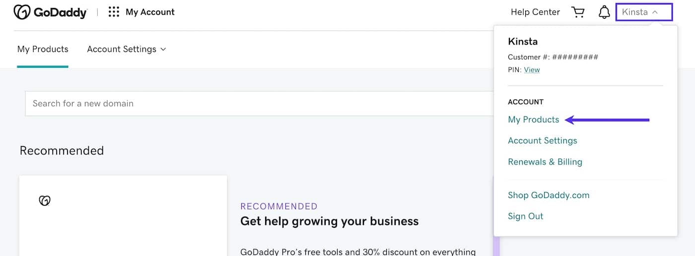 Välja Mina Produkter under ditt kontonamn hos GoDaddy.