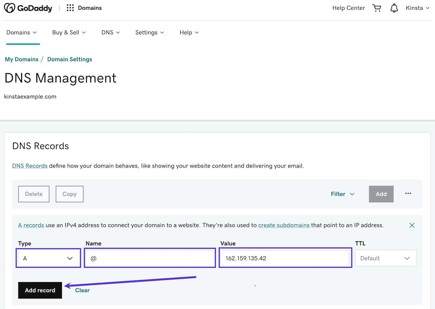 Ajoutez un nouvel enregistrement A dans la gestion DNS de GoDaddy.