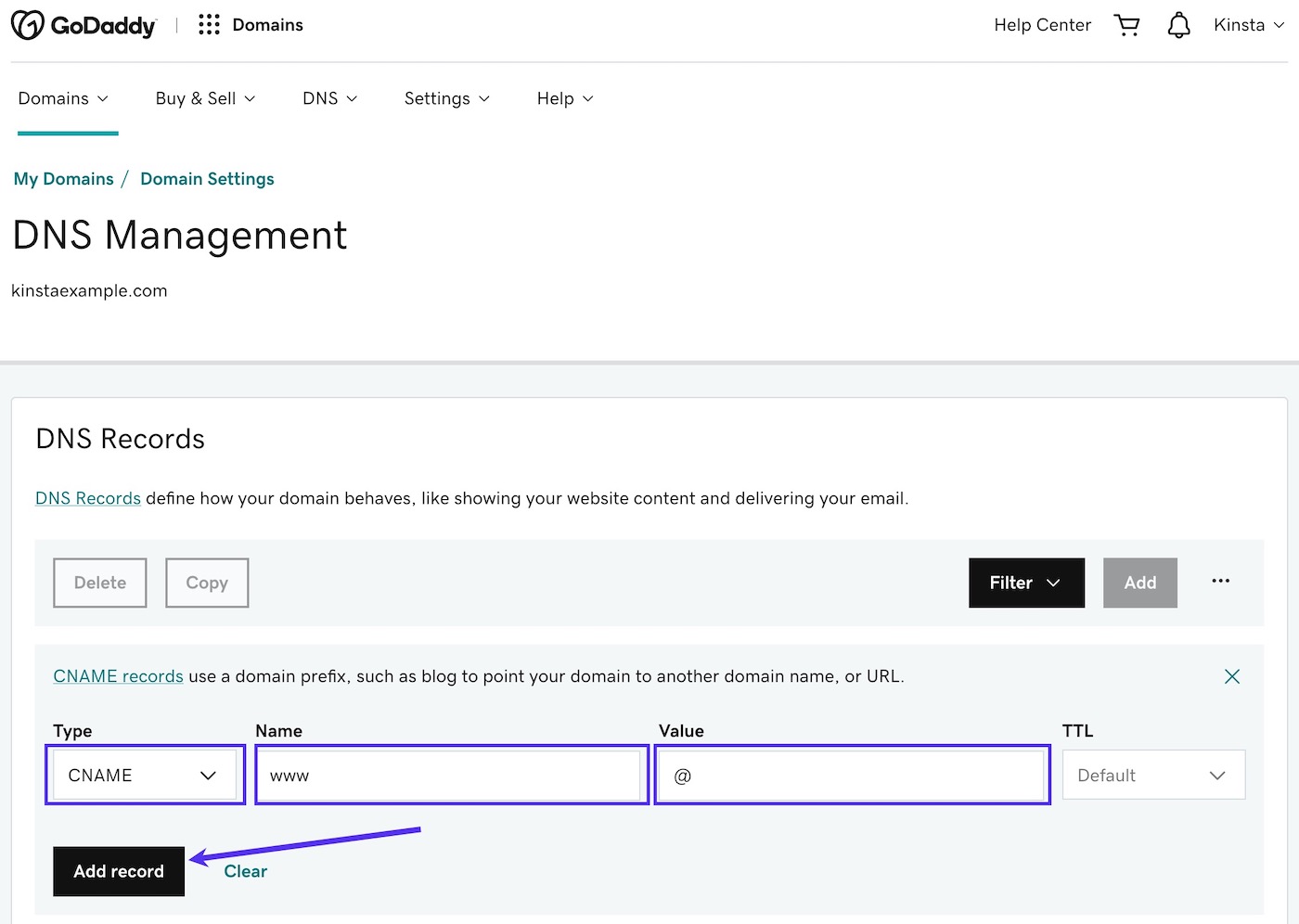 Ajoutez un enregistrement CNAME www dans GoDaddy DNS.