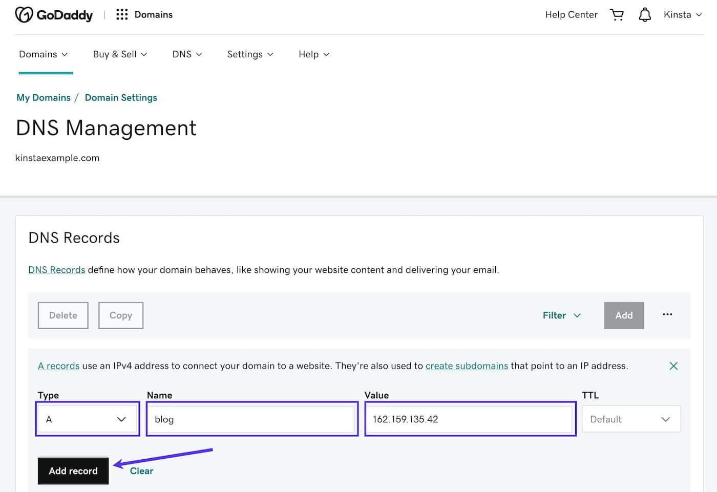 Add an A record for a subdomain in GoDaddy DNS.