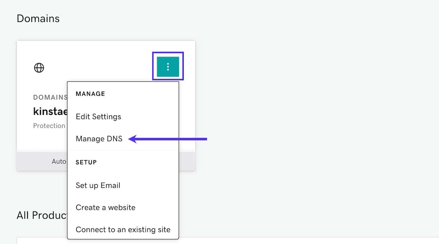 Selecione Gerenciar DNS no menu suspenso do seu domínio.