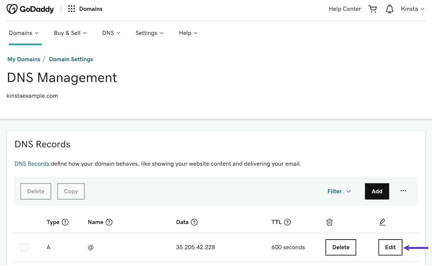 Editar registro A em GoDaddy DNS Management.