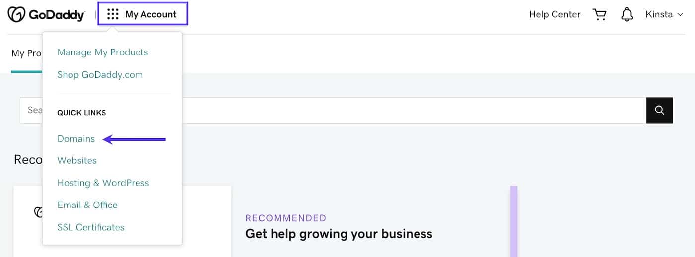 Select Domains in the My Account dropdown menu in GoDaddy.