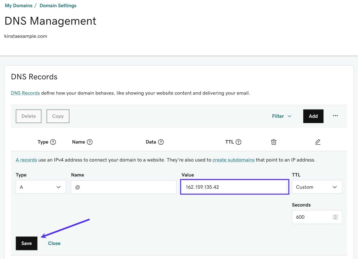 Add your Site IP address and save your A record.