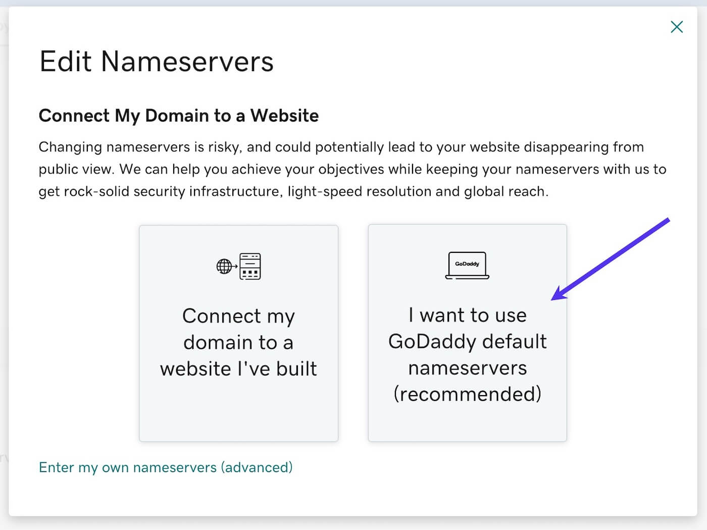 Usate i Name Server di default di GoDaddy per i DNS.