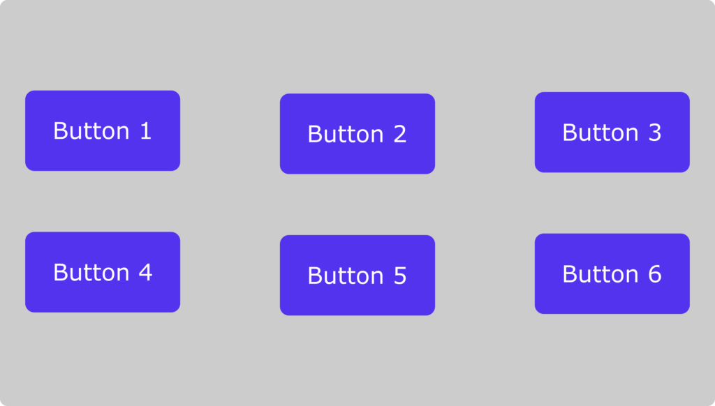Sei pulsanti distribuiti equamente in colonne che usano la classe di utility grid-cols di Tailwind CSS.