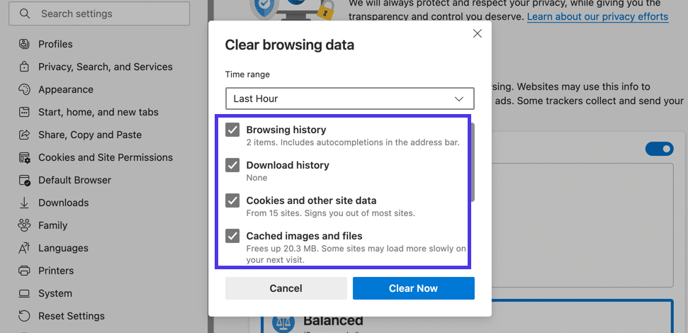 Choose what to clear from the Microsoft Edge cache.