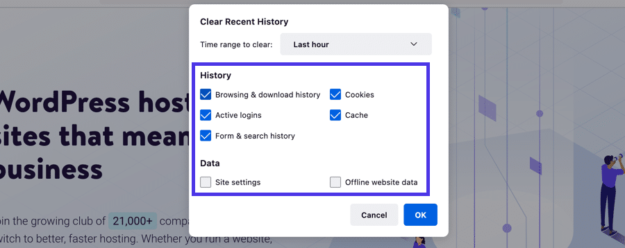 Check off what you want to clear from the Firefox cache