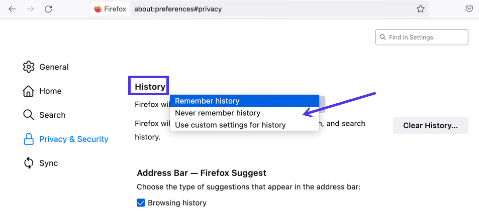 Utilisez la section Historique pour personnaliser le cache.