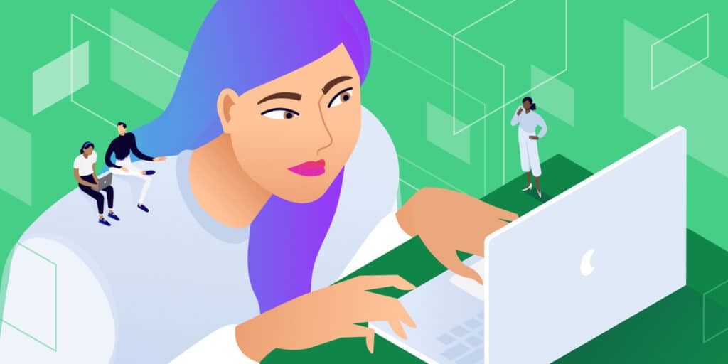 Illustration of a woman with purple hair leaning intently over a laptop keyboard.