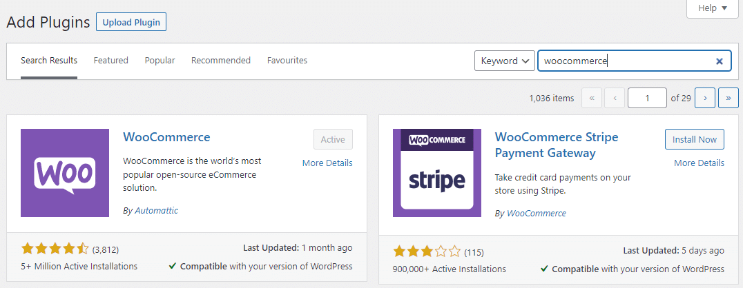 Schermata della pagina plugin del backend di WordPress con WooCommerce come primo risultato di ricerca