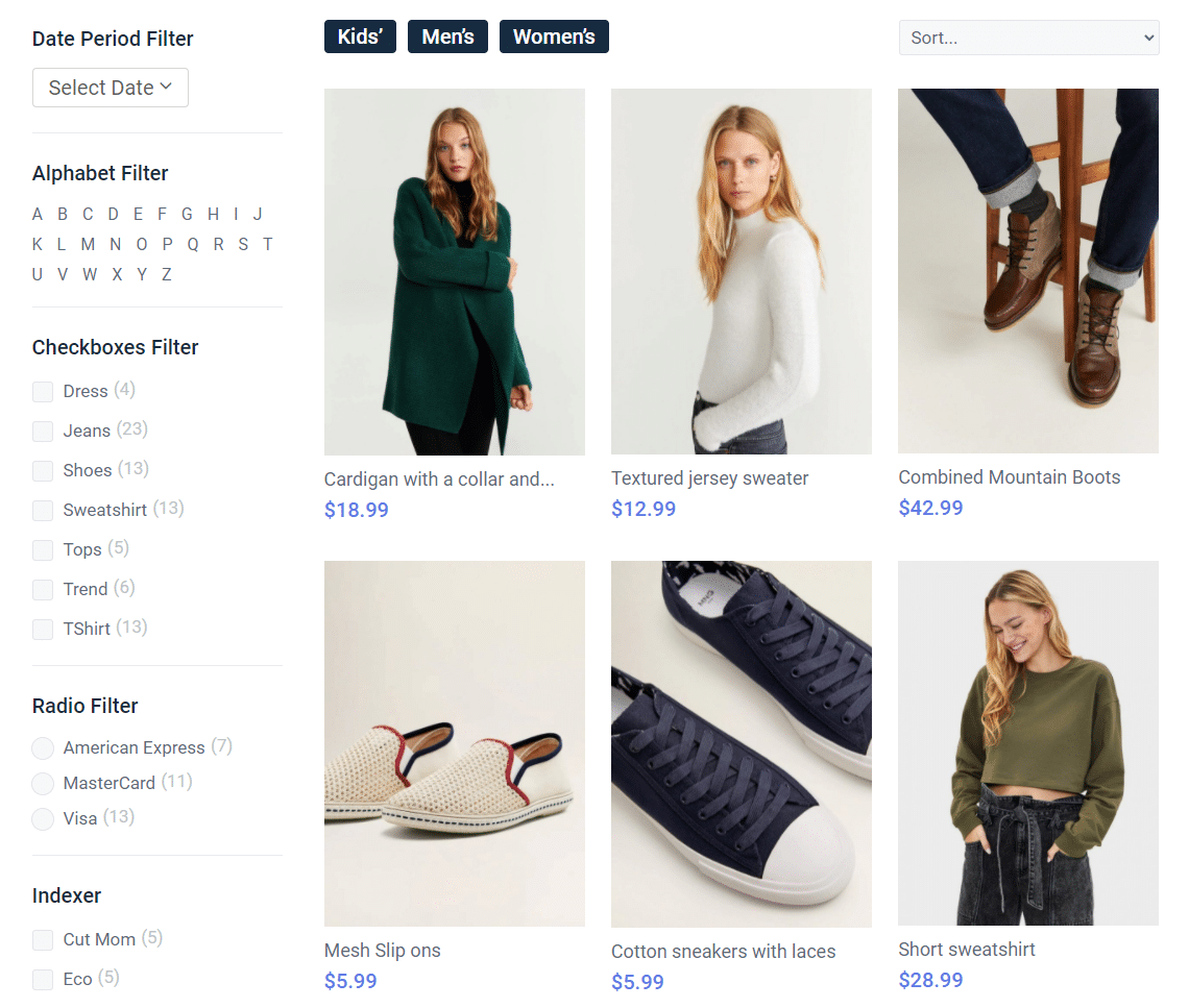 Un ecommerce di abbigliamento con il menu filtro di JetSmartFilters