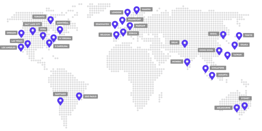 Locations of Google Cloud data location centers on a global map