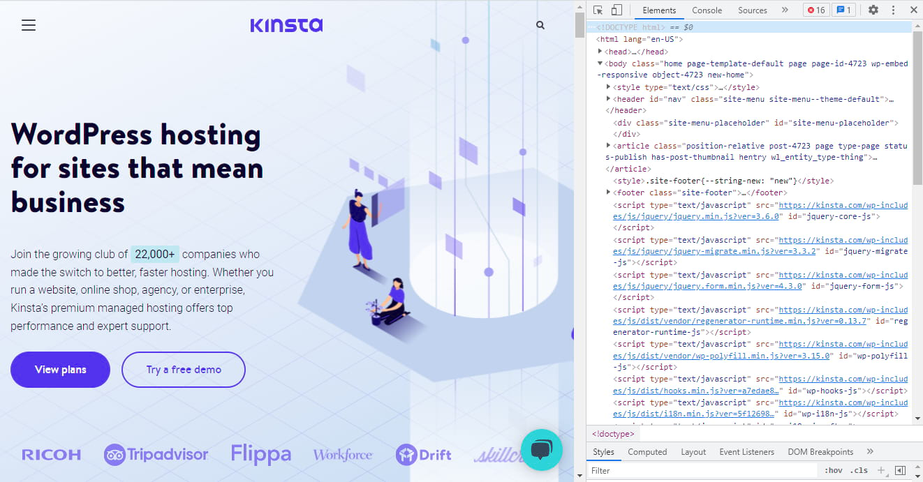 La homepage di Kinsta a sinistra e sulla destra la finestra con il suo codice HTML