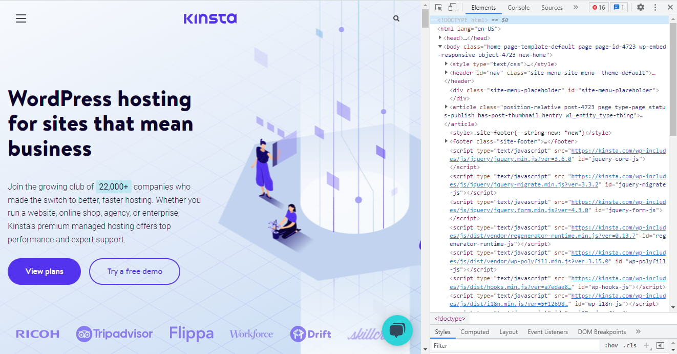 HTML-Ansicht der Kinsta-Homepage.