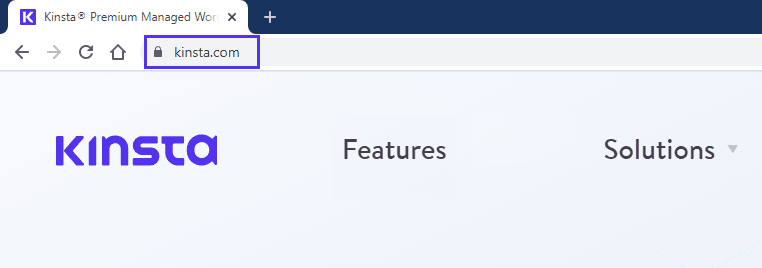 La barra dell’URL di un browser in cui si legge il TLD Kinsta.com