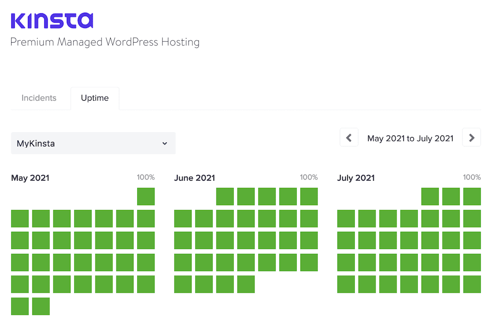 The Kinsta Uptime webpage, showing a collection of green squares, denoting a full day of uptime.