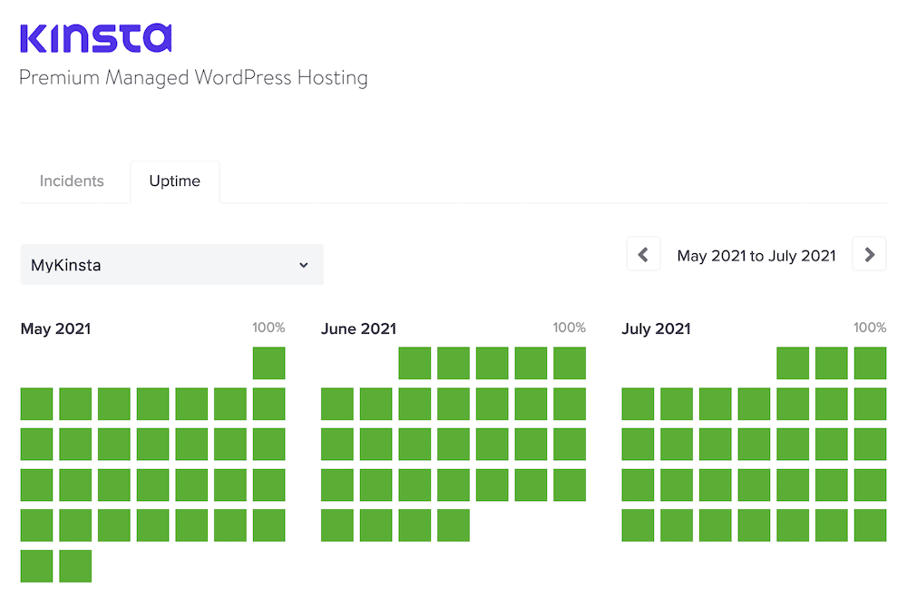 Die Kinsta Uptime-Webseite zeigt eine Reihe von grünen Quadraten, die einen ganzen Tag Betriebszeit anzeigen.