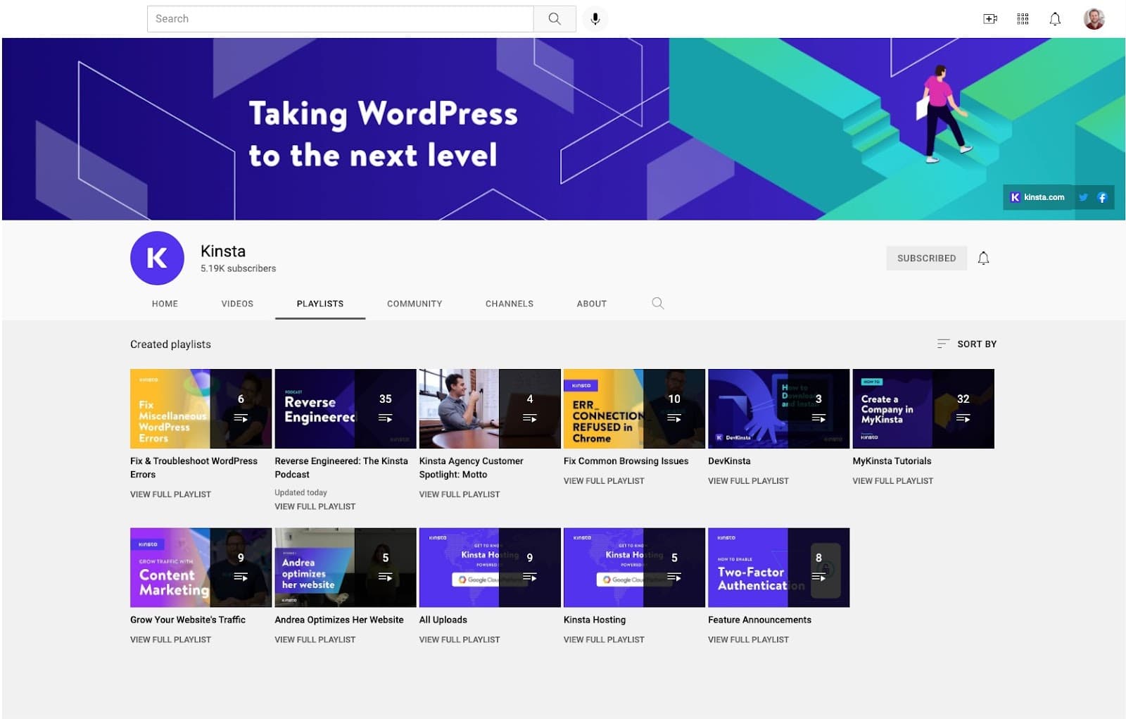 Uno screenshot del canale YouTube di Kinsta dal titolo "Taking WordPress to the next level".