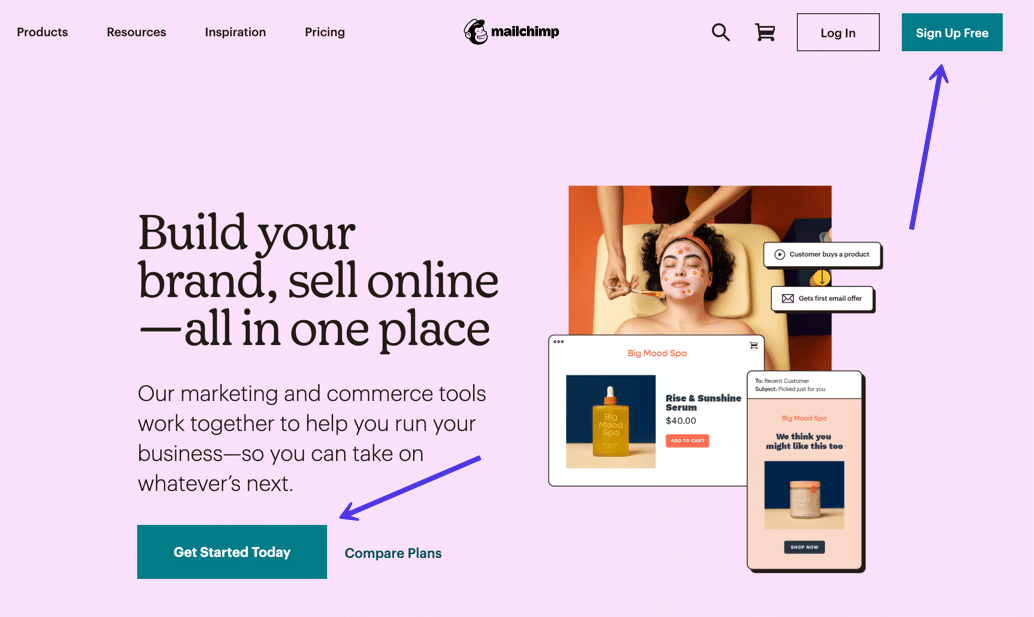Klik op de startpagina van Mailchimp op een van de “Get Started” of “Sign Up” knoppen.