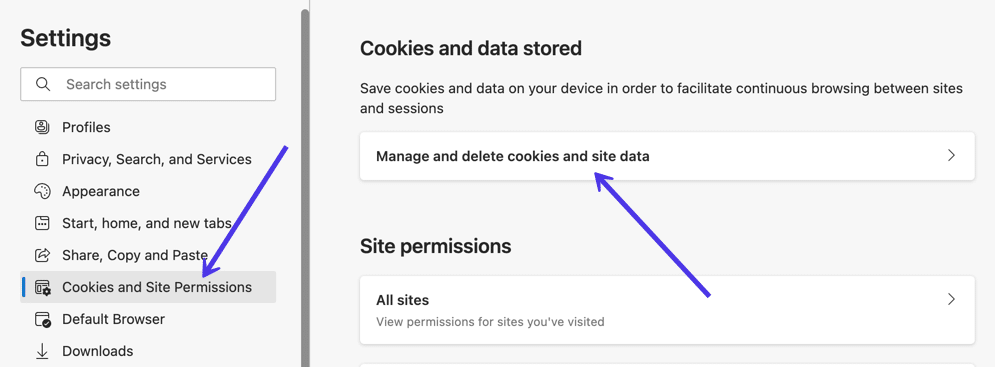 Manage and delete cookies and other site data.