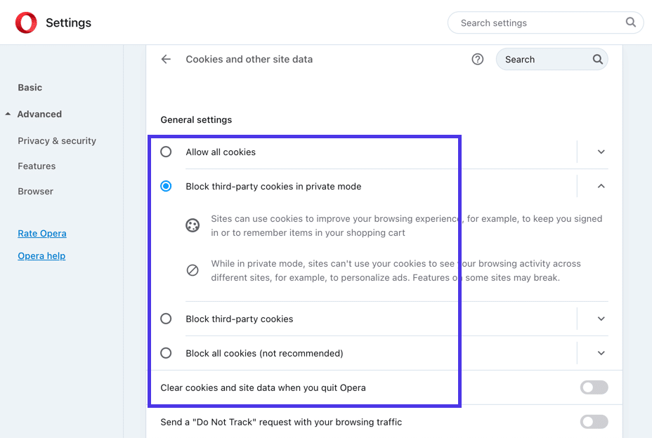 Considera opciones como permitir todas las cookies, borrar las cookies al salir de Opera, y más