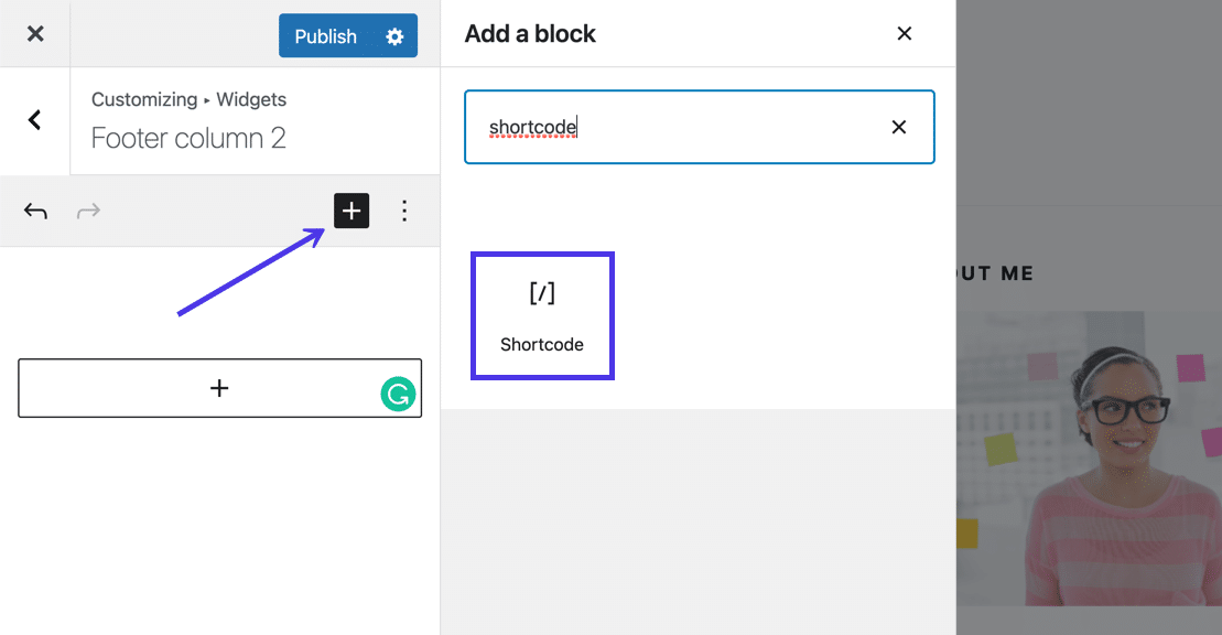 Utiliza la herramienta "Añadir un bloque" para encontrar e insertar el bloque "Shortcode"