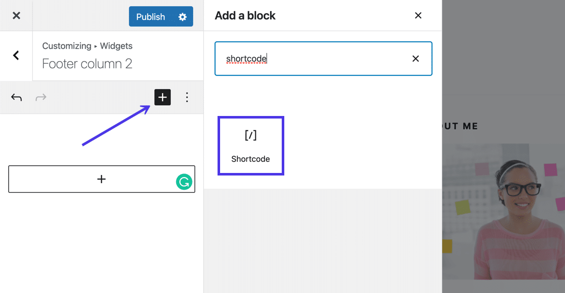 Antprima del Personalizza e del campo ricerca in cui cercare il blocco shortcode