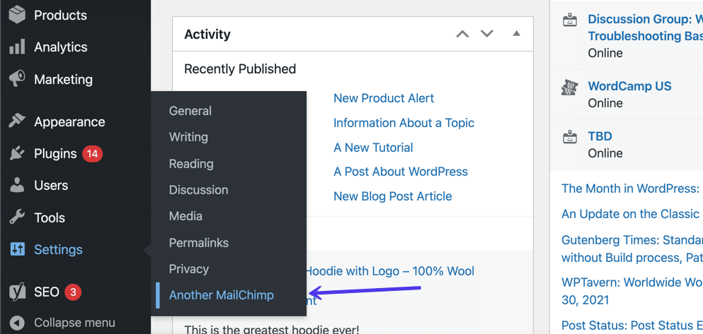 Trouvez l'onglet Another Mailchimp dans WordPress pour gérer tous les réglages de l'extension