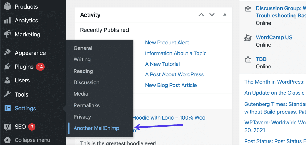 Encuentra la pestaña "Otro Mailchimp" en WordPress para gestionar todos los ajustes del plugin