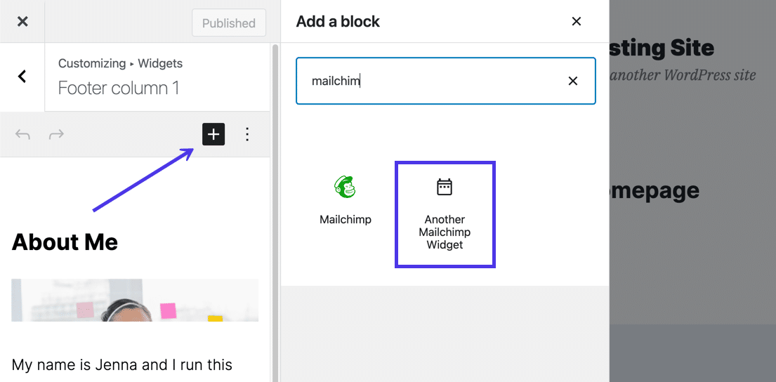 Schermata del Personalizza WordPress da cui inserire il blocco Another Mailchimp Widget