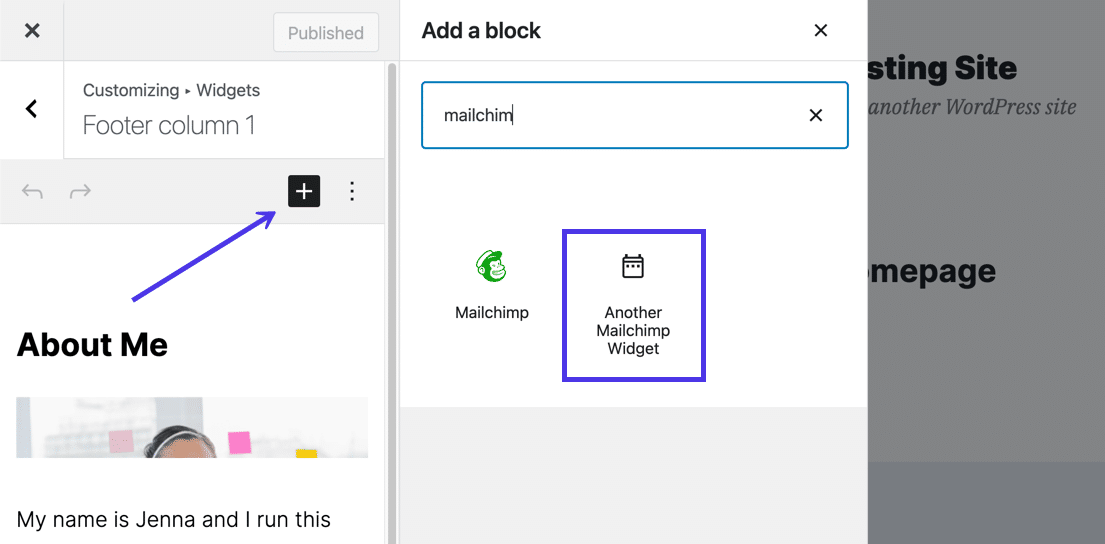 Füge das "Another Mailchimp Widget" in den Bereich "Widgets" ein