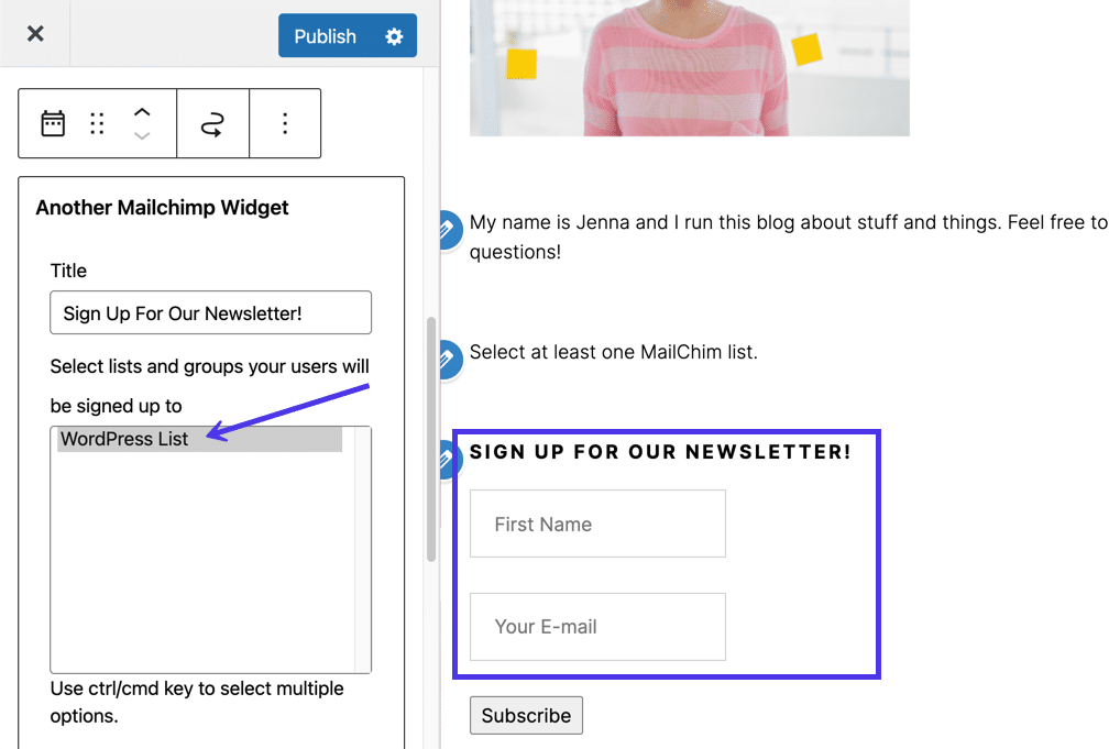 Selecciona una lista de Mailchimp para obtener una vista previa del widget del formulario
