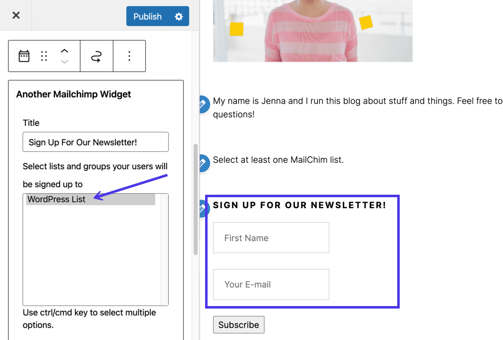  Selecteer een Mailchimp lijst om een preview van een formulierwidget weer te geven