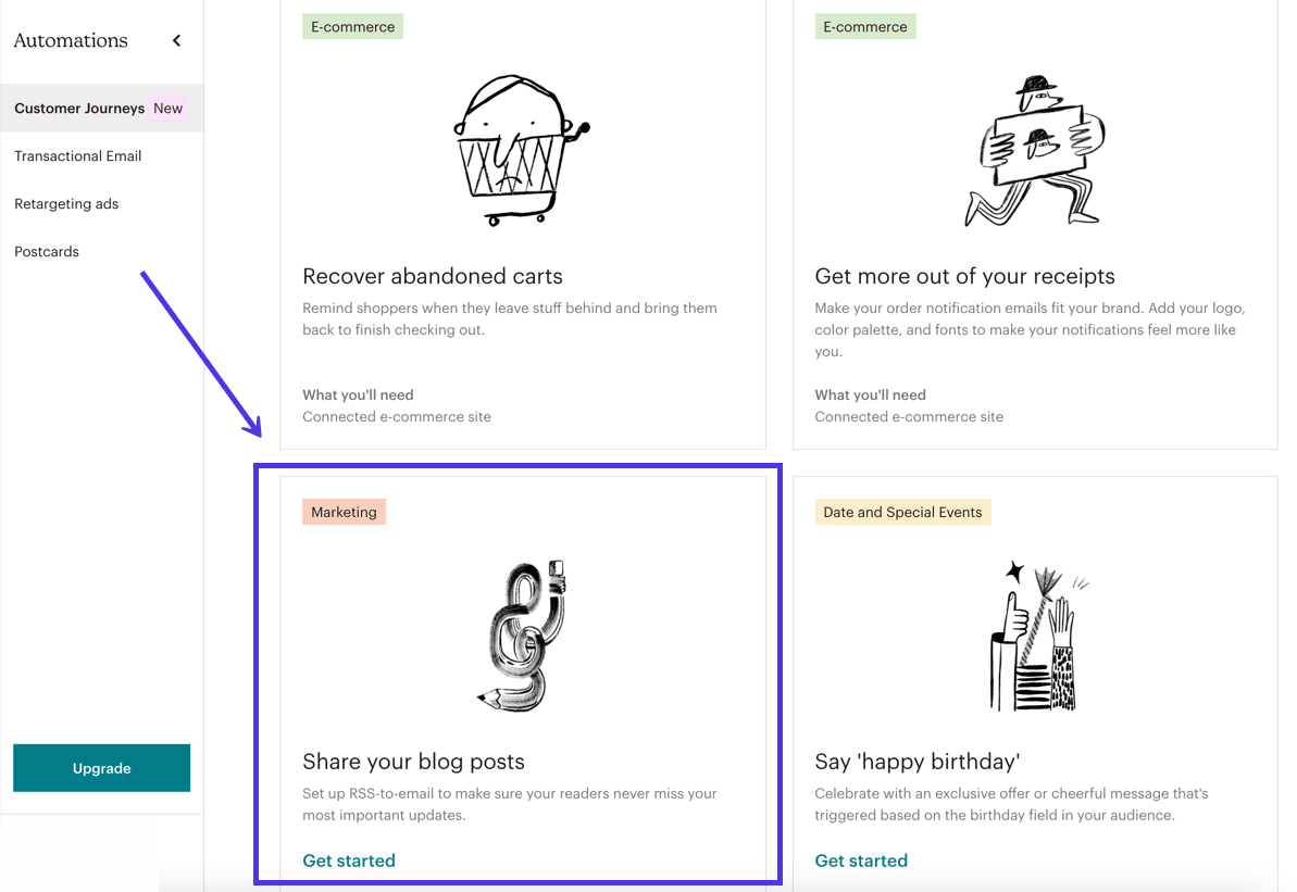 Schermata delle opzioni nell’area Automations di Mailchimp